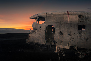 Plane wreck in black sand beach in Iceland