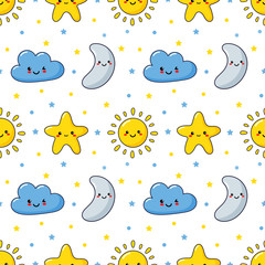 seamless pattern stars, moon, sun and clouds. kawaii wallpaper on white background. baby cute pastel colors. vector Illustration.