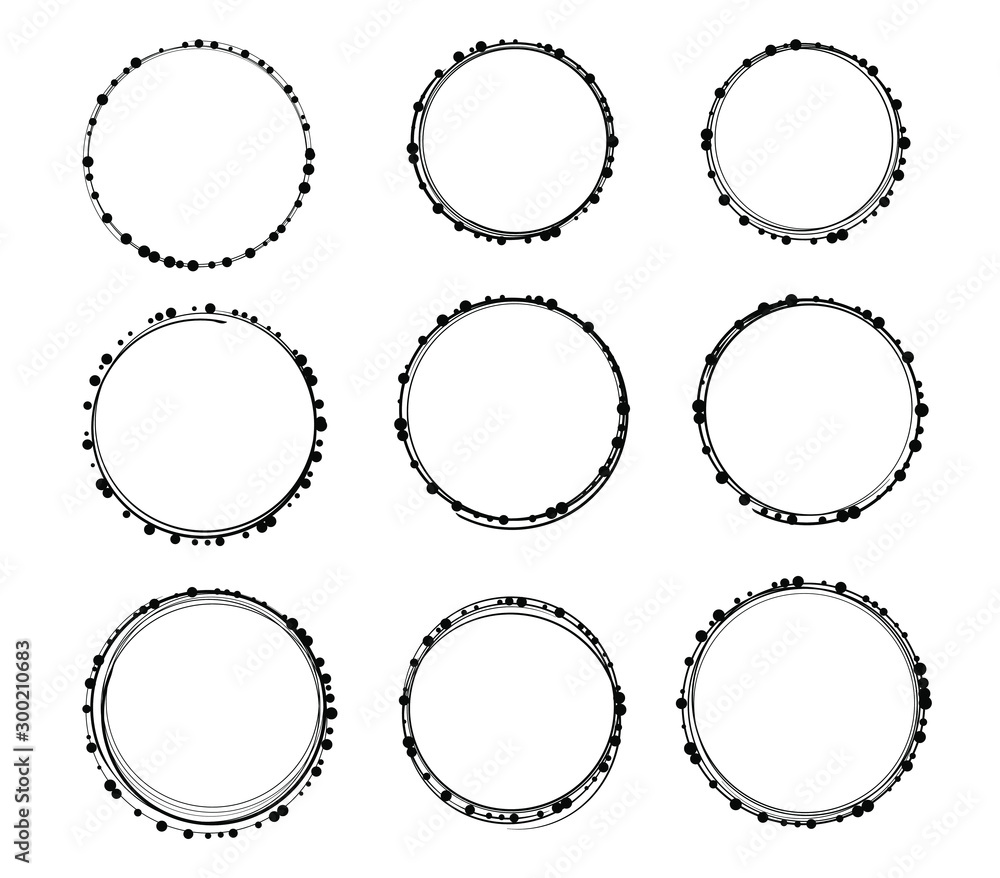 Poster set of nine black round frames with decorative dots for your design