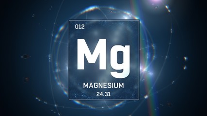 3D illustration of Magnesium as Element 12 of the Periodic Table. Blue illuminated atom design background with orbiting electrons. Design shows name, atomic weight and element number