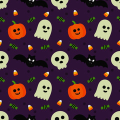 seamless pattern happy halloween icons isolated on purple background. vector Illustration.