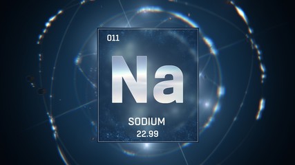 Obraz premium 3D illustration of Sodium as Element 11 of the Periodic Table. Blue illuminated atom design background with orbiting electrons. Design shows name, atomic weight and element number
