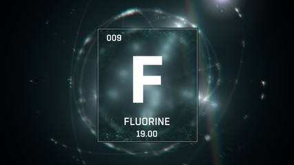 3D illustration of Fluorine as Element 9 of the Periodic Table. Green illuminated atom design background with orbiting electrons. Design shows name, atomic weight and element number