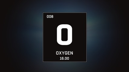 3D illustration of Oxygen as Element 8 of the Periodic Table. Grey illuminated atom design background with orbiting electrons. Design shows name, atomic weight and element number