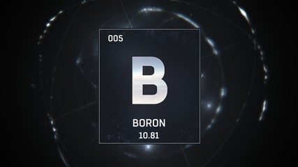 3D illustration of Boron as Element 5 of the Periodic Table. Silver illuminated atom design background with orbiting electrons. Design shows name, atomic weight and element number 