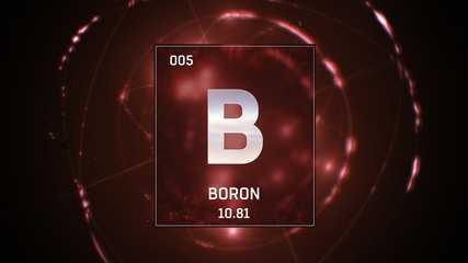 3D illustration of Boron as Element 5 of the Periodic Table. Red illuminated atom design background with orbiting electrons. Design shows name, atomic weight and element number