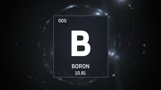 3D illustration of Boron as Element 5 of the Periodic Table. Silver illuminated atom design background with orbiting electrons. Design shows name, atomic weight and element number