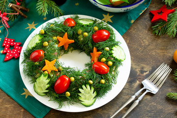 Winter Christmas salad wreath. Delicious Russian traditional salad 