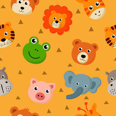 seamless pattern cute animal faces icon set for kids isolated on yellow background. vector Illustration.
