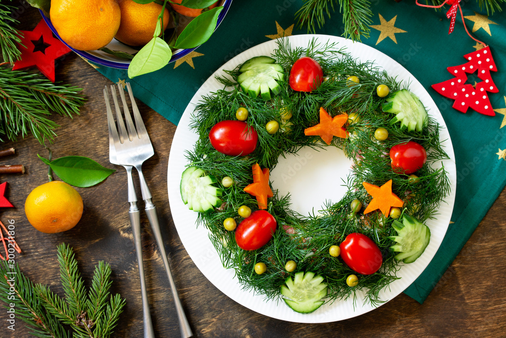 Wall mural winter christmas salad wreath. delicious russian traditional salad 