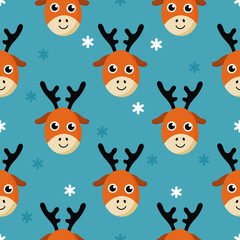 cute seamless pattern with cartoon baby deer and snow for kids. animal on blue background. vector illustration. 