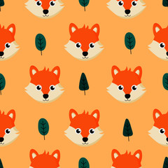 cute seamless pattern with cartoon baby foxes and tree for kids. animal on orange background. vector illustration. 