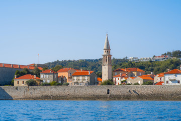 Landscape Adriatic sea view of old town Budva: Ancient walls and tiled roof, Montenegro, Europe