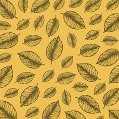 Pattern illustration in hand drawn style with leaves. Autumn design. For design textiles, fabric, packaging, paper, surface decoration, background.