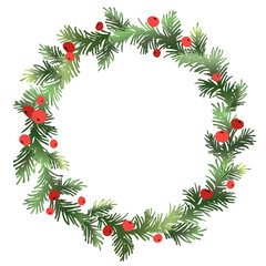 Fototapeta na wymiar Christmas fir wreath with red berries. Pine wreath. Spruce new year wreath. Decorative element. Vector illustration.