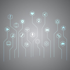 Digital technology icon vector illustration. internet of things background. Abstract protecting data network ecosystem innovation design. Iot, smart home connection, house control by smartphone