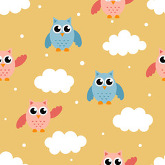 cute seamless pattern with cartoon baby owls and cloud for kids. animal on cream background. vector illustration. 