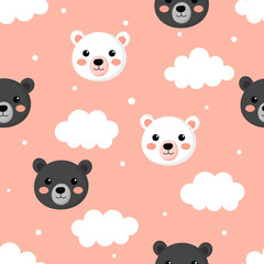 cute seamless pattern with cartoon baby teddy bears and cloud for kids. animal on pink background. vector illustration. 