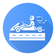 Kart racing blue flat design long shadow glyph icon. Man in karting vehicle on track. Driver in kart car. Open-wheel motorsport. Recreational go-karting. Extreme sport. Vector silhouette illustration - obrazy, fototapety, plakaty