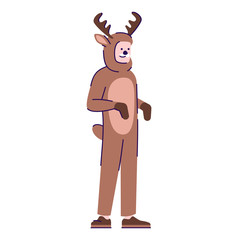 Man dressed in deer costume flat vector illustration. Person dressing like animal. Guy in Halloween party outfit cartoon character with outline elements isolated on white background
