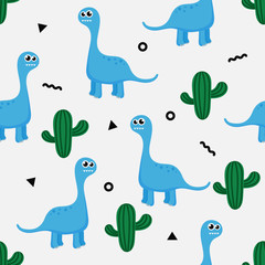 seamless pattern with cartoon cute dinosaur and custus for kids. animal on white background. vector illustration. 