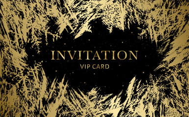 Luxurious VIP Invitation template with gold, black background and decorative golden grunge ice texture pattern. Premium class design for Gift certificate, Voucher, Gift card 