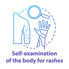Body self-examination blue concept icon. Rash, eczema symptoms, signs. Inflammation, itchiness on skin. Safe sex. Dermatology idea thin line illustration. Vector isolated outline drawing