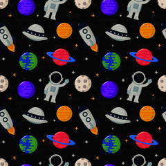 seamless pattern cartoon space. planets isolated on black background. vector Illustration.