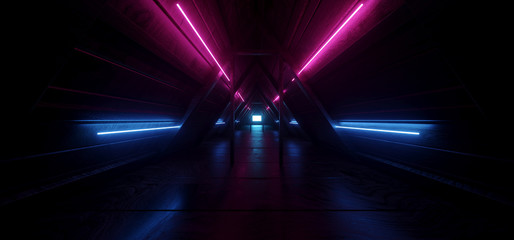 Sci Fi Futuristic Neon Glowing Purple Blue Night Dark Moon Light Triangle Roof Tunnel Corridor Attic Led Light Vibrant Wood Planks Texture Realistic 3D Rendering