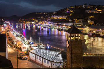 Christmas lights in looe Harbour at night
