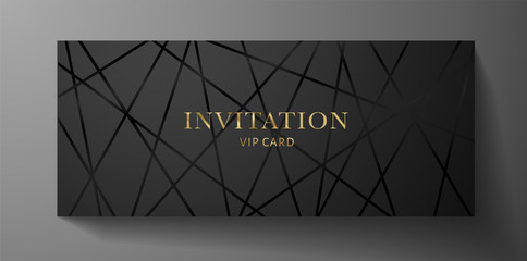 Luxurious VIP Invitation template with black lines on background and gold (golden) text. Premium class design for Gift certificate, Voucher, Gift card  - obrazy, fototapety, plakaty