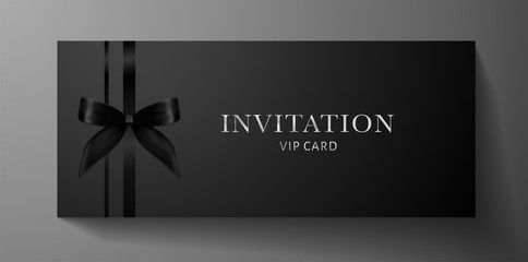 Luxurious VIP Invitation template with blow, ribbon on black background and silver text. Premium class design for Gift certificate, Voucher, Gift card 