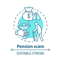 Pension scam concept icon. Fraud to retired person. Danger of losing savings. Illegal cheme Financial deception of elderly idea thin line illustration. Vector isolated outline drawing. Editable stroke