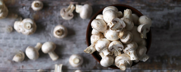 Fresh raw champignons in a bowl.