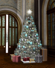 Luxury house with an elegant silver christmas tree by an open door – 3D illustration