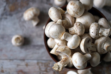 Fresh raw champignons in a bowl.