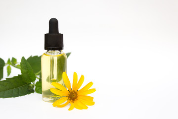 Cosmetic organic essential oil. Herbal medicine dropper bottle with herb and flower isolated. Copy space