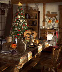 Vintage room inside of an old house is ready for Christmas time