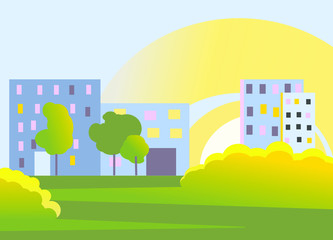 Vector town view in the morning. City landscape with rising sun and green park in front. Design element. Background urban illustration.