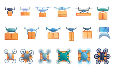 Drone delivery service icons set. Cartoon set of drone delivery service vector icons for web design