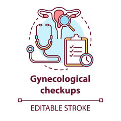 Gynecological checkups concept icon. Medical examining idea thin line illustration. Female reproductive system. Women healthcare. Doctor equipment. Vector isolated outline drawing. Editable stroke
