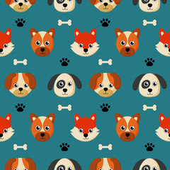 cute seamless pattern with cartoon baby dog and bone for kids. animal on blue background. vector illustration. 