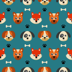 cute seamless pattern with cartoon baby dog and bone for kids. animal on blue background. vector illustration. 