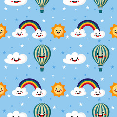seamless pattern sun, balloon, rainbow and clouds. kawaii wallpaper on blue background. baby cute pastel colors. funny faces cartoon. vector Illustration.