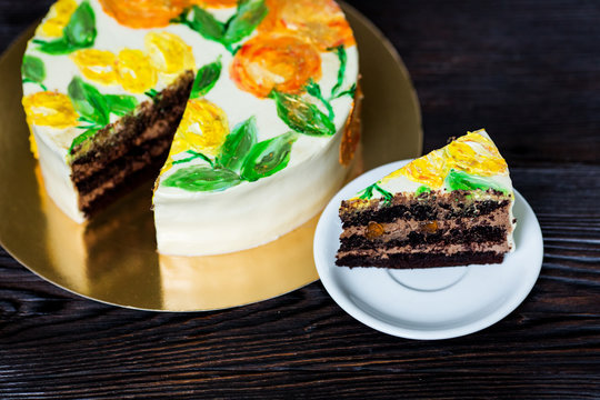 Close-up of slice of cake in citrus style.