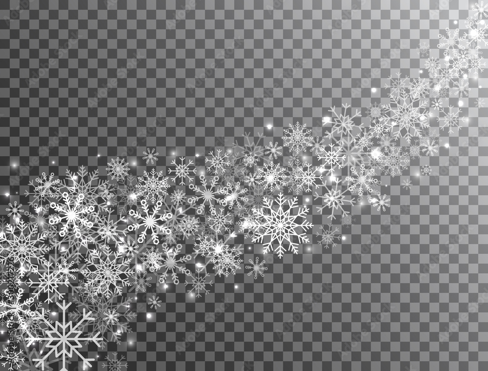 Poster snowflakes border in wave shape on transparent background. glitter white snowflake and snow. magic s