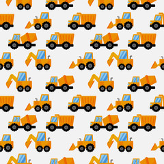 tractor, excavator, bulldozer and trucks seamless pattern. construction equipment on white background. illustration vector.  