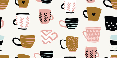 Seamless pattern with cups of coffee, scandinavian