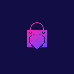 Shop logo with bag and heart, vector