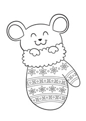 Doodle coloring book page cute mouse sleeping in the warm mitten